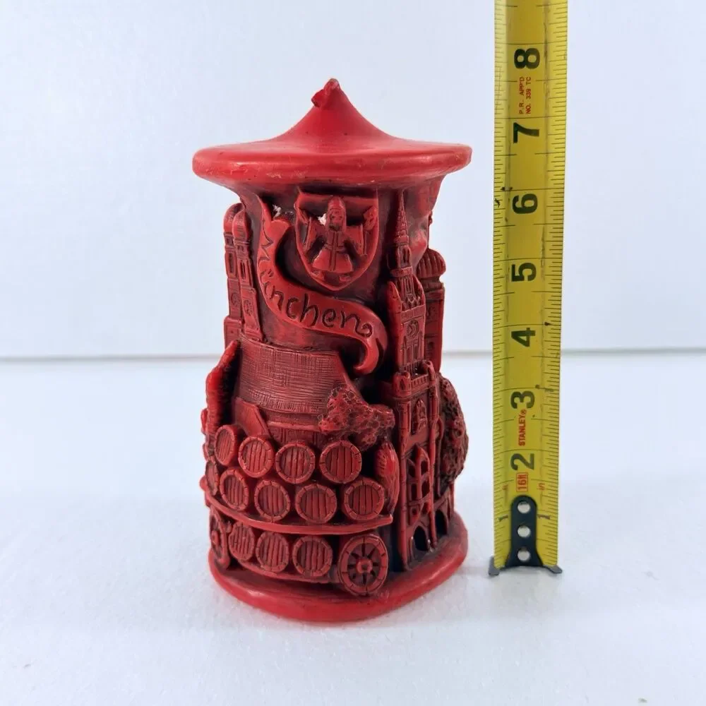 Vintage Munich Germany Relief Carved Pillar Candle Red Architectural NEW Unlit